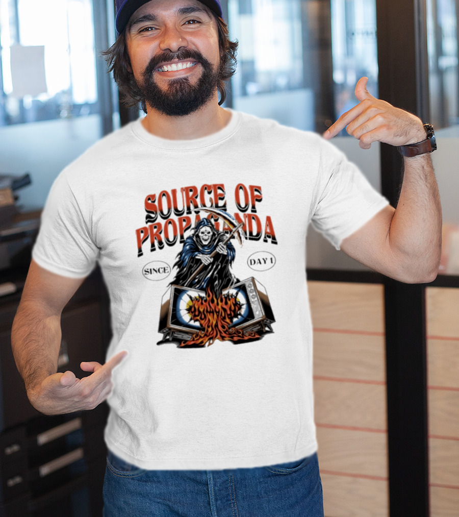 Source Of Propaganda Since Day 1 Grim Reaper Over Burning Television T-Shirt