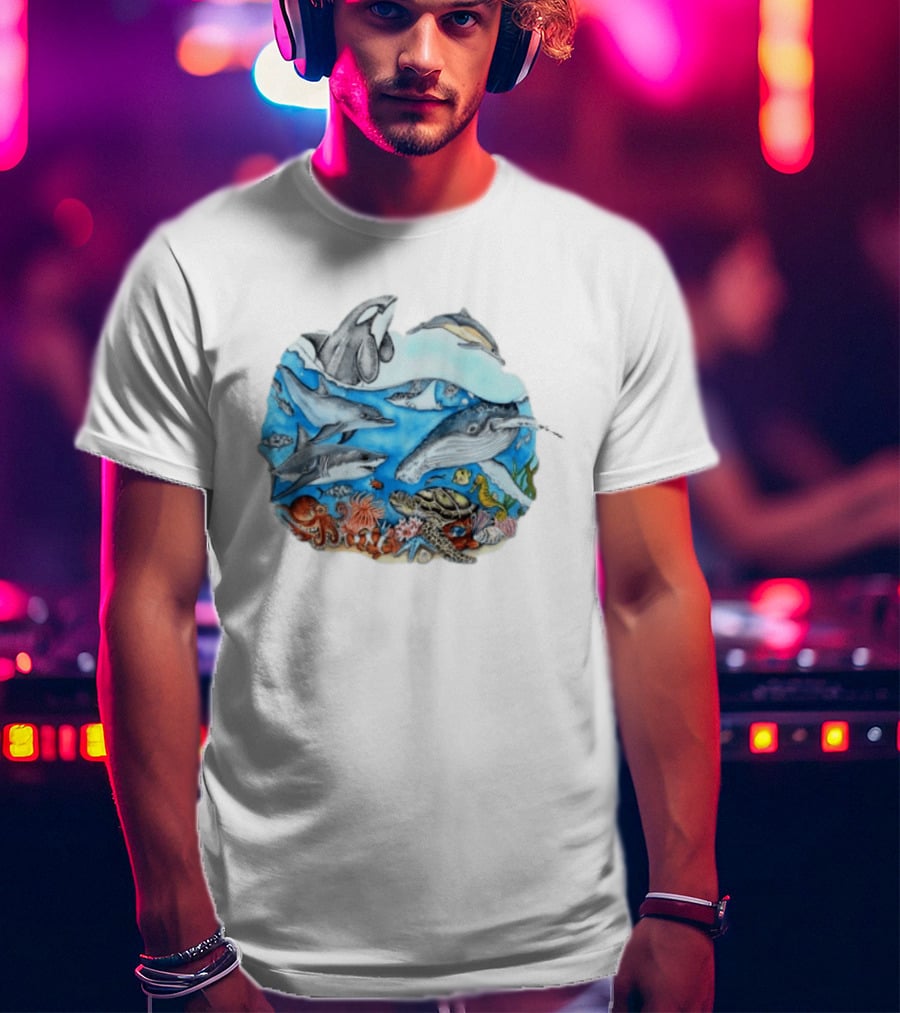 World Oceans Day Marine Life Dolphins Whales Turtles Octopus Coral Sea Animals Conservation T-Shirt
