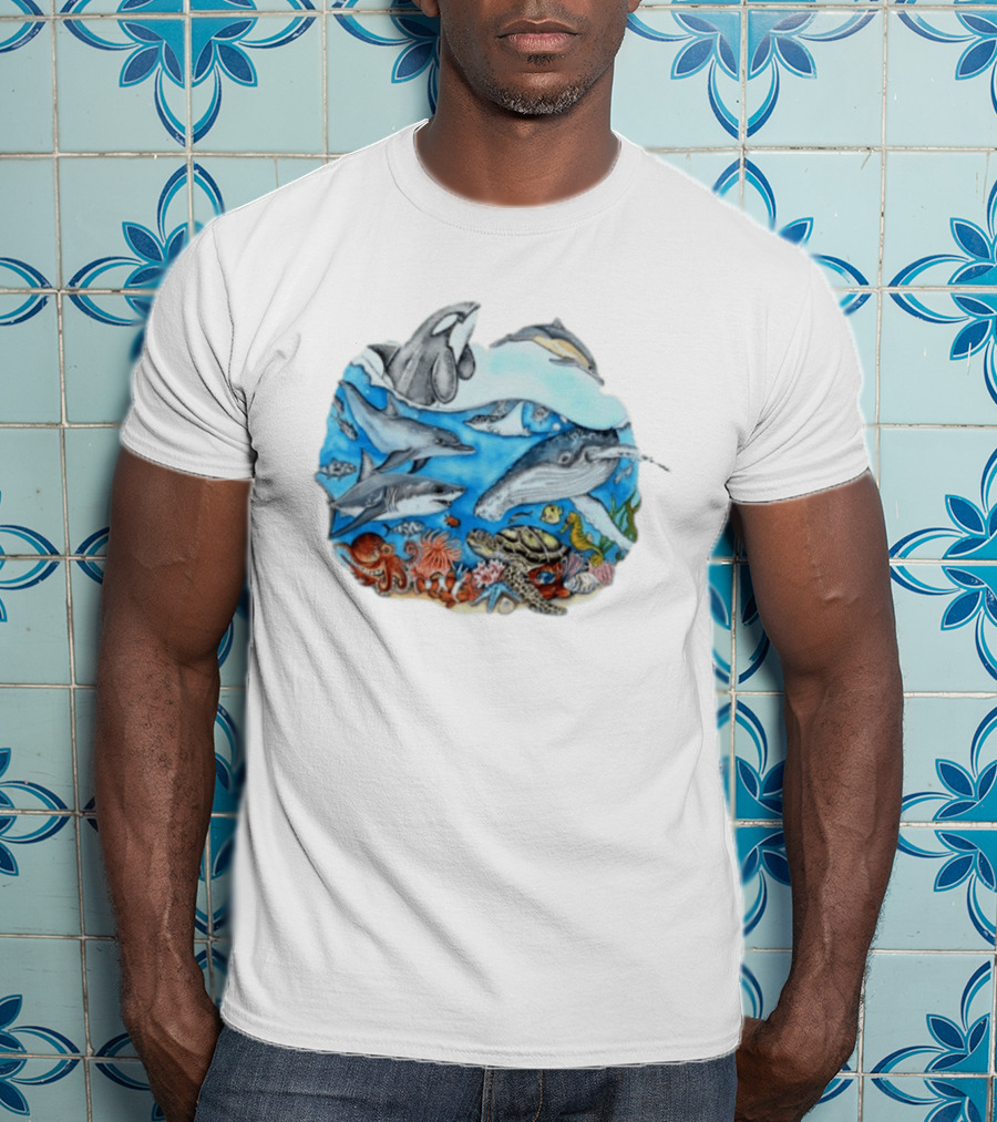 World Oceans Day Marine Life Dolphins Whales Turtles Octopus Coral Sea Animals Conservation T-Shirt