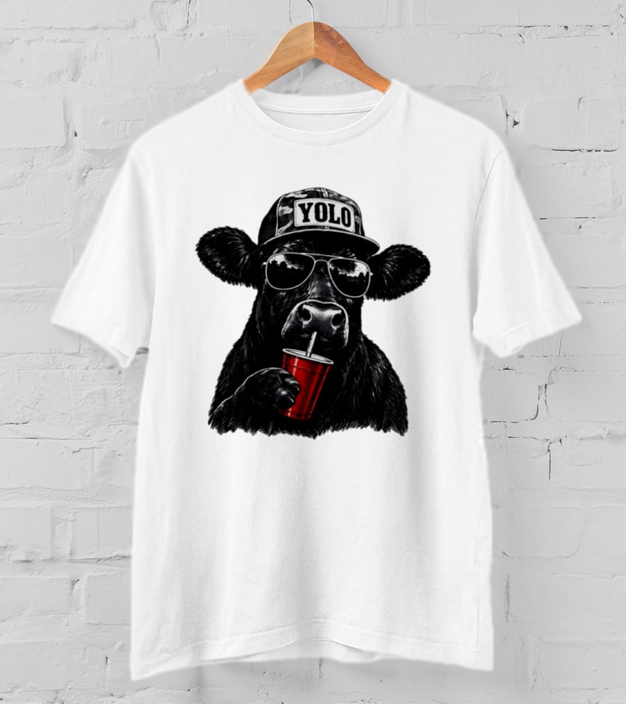 YOLO Angus Cattle With Sunglasses And Red Cup Western T-Shirt