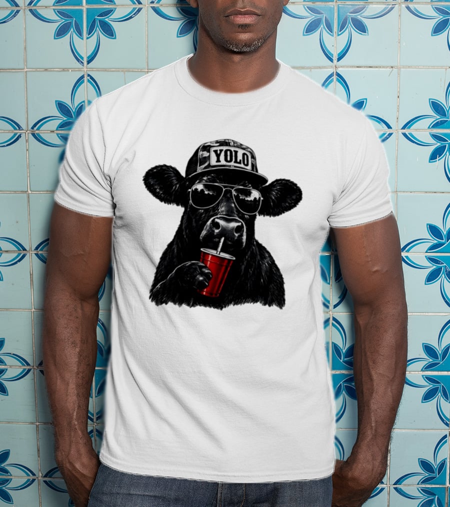 YOLO Angus Cattle With Sunglasses And Red Cup Western T-Shirt