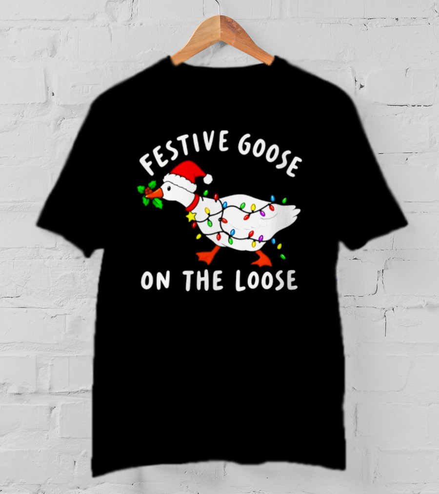 Festive Goose On The Loose With Christmas Lights And Santa Hat T-Shirt