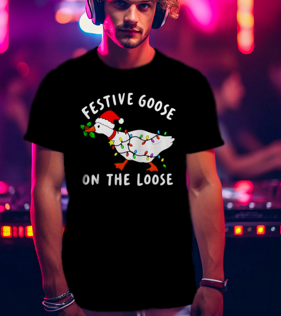 Festive Goose On The Loose With Christmas Lights And Santa Hat T-Shirt