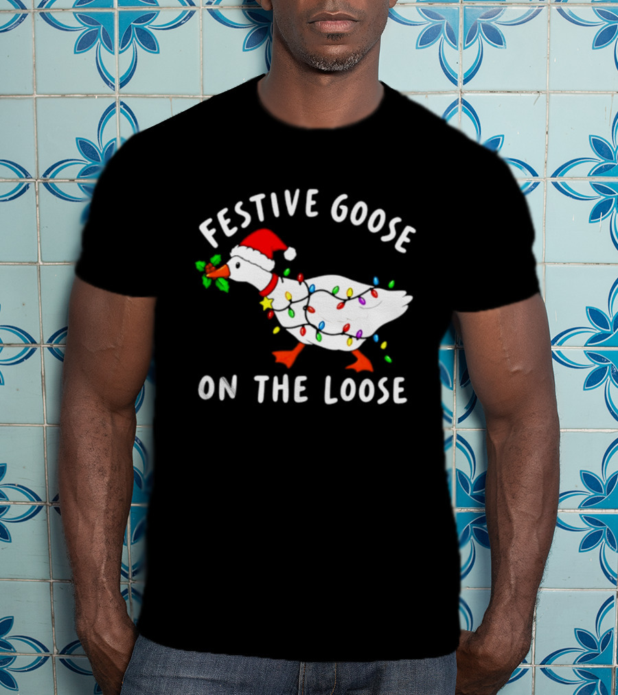 Festive Goose On The Loose With Christmas Lights And Santa Hat T-Shirt