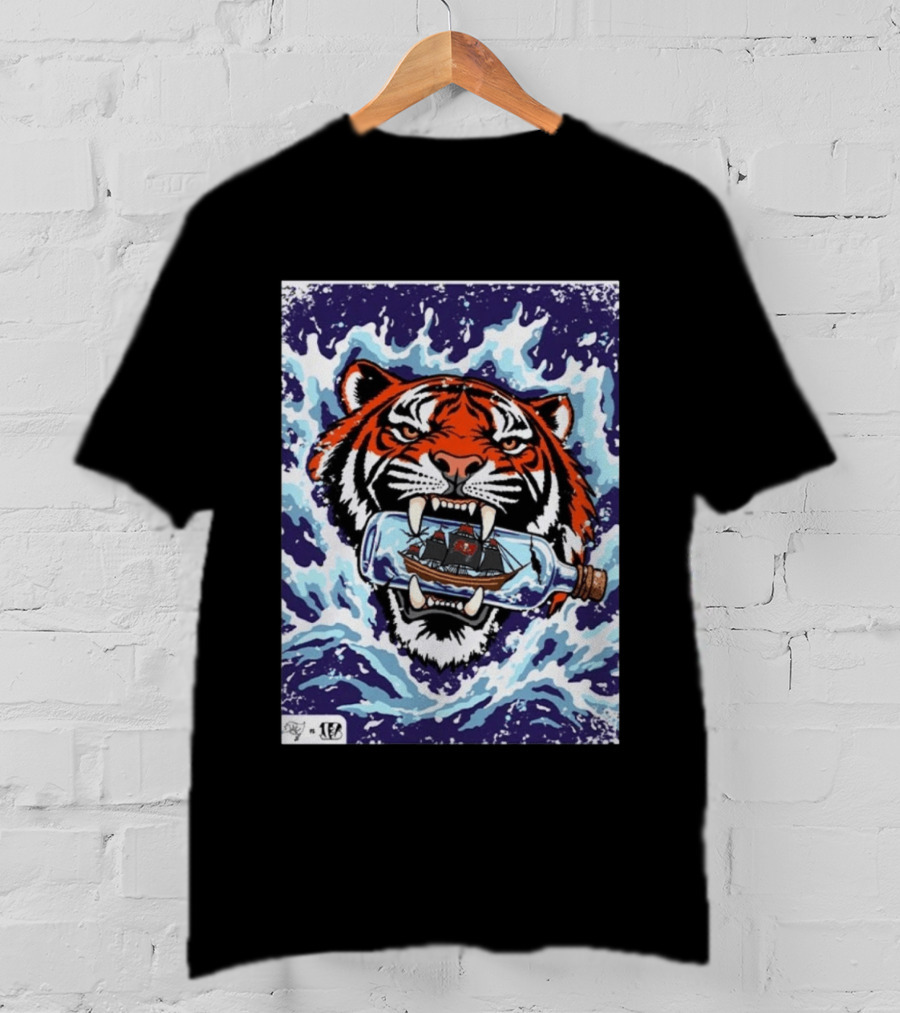 Bengals Vs Buccaneers Tiger And Pirate Ship Battle In A Bottle T-Shirt