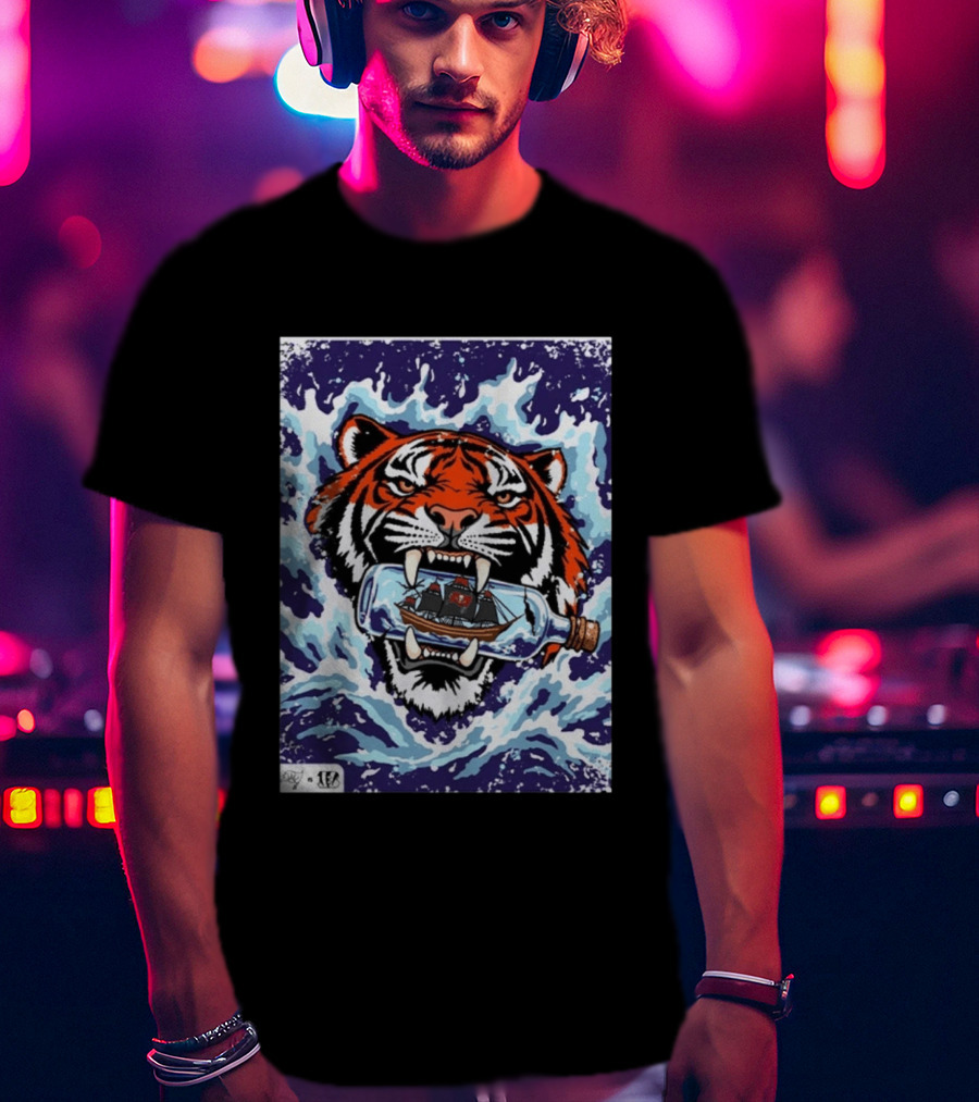 Bengals Vs Buccaneers Tiger And Pirate Ship Battle In A Bottle T-Shirt