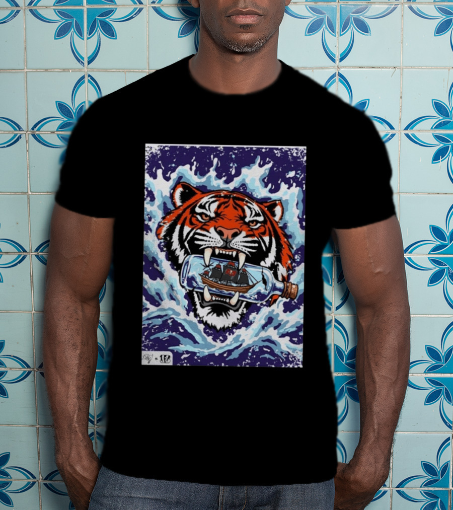 Bengals Vs Buccaneers Tiger And Pirate Ship Battle In A Bottle T-Shirt