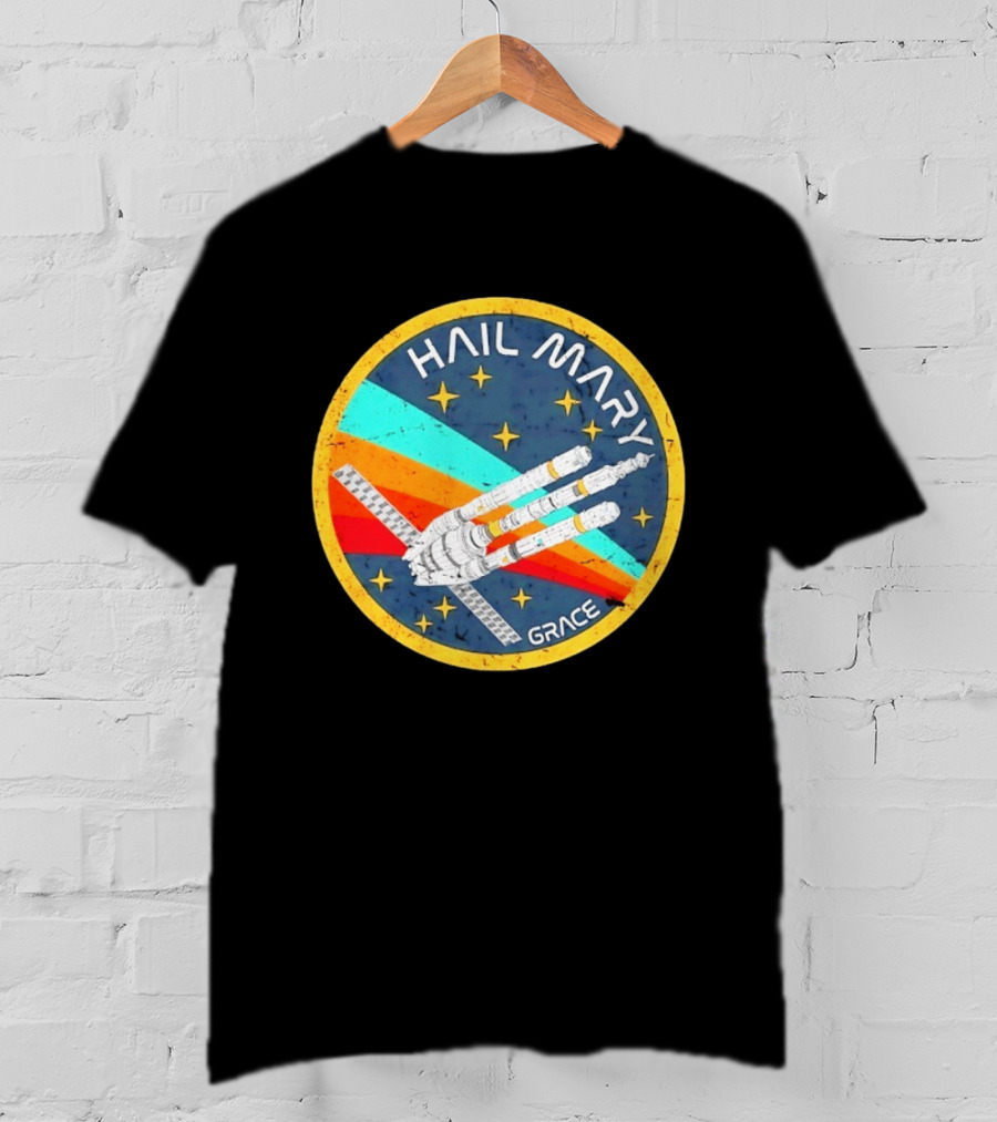 Hail Mary Grace Project Space Mission Emblem Retro Rocket T-Shirt
