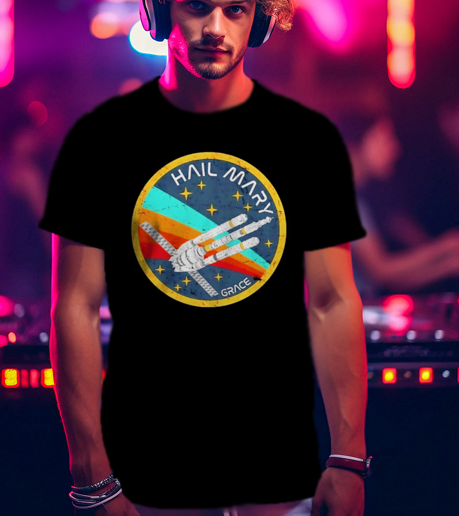 Hail Mary Grace Project Space Mission Emblem Retro Rocket T-Shirt