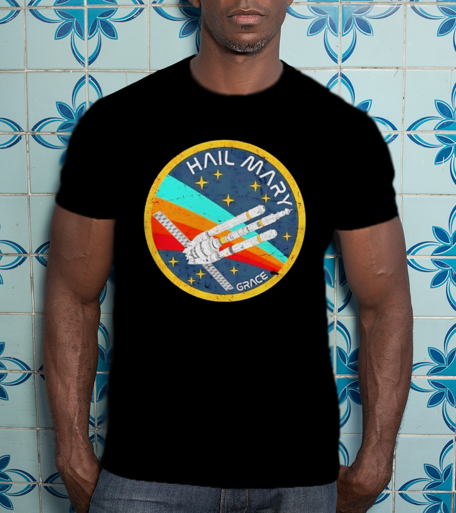 Hail Mary Grace Project Space Mission Emblem Retro Rocket T-Shirt