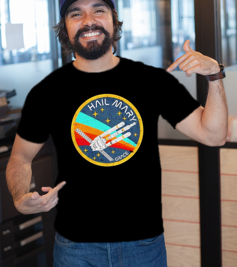 Hail Mary Grace Project Space Mission Emblem Retro Rocket T-Shirt