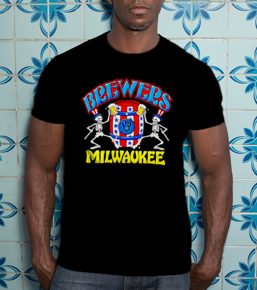 Brewers Milwaukee Skeleton Patriotic Barrel T-Shirt