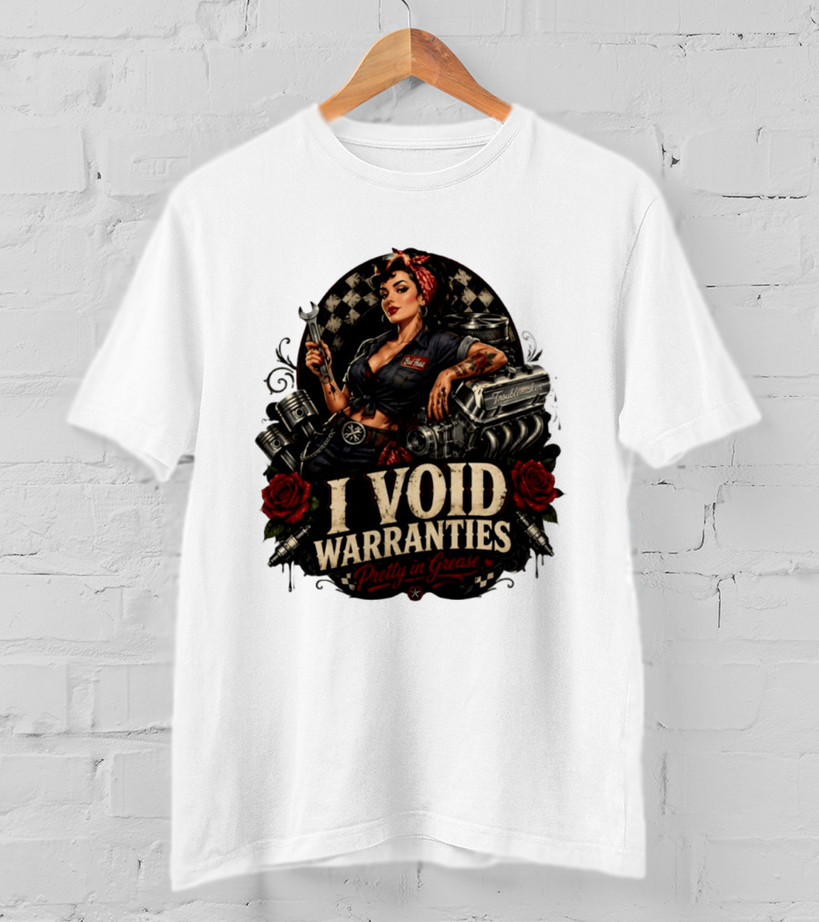 I Void Warranties Pretty In Grease Pin Up Girl Mechanic Troublemaker Engine Piston Rose Checkered T-Shirt