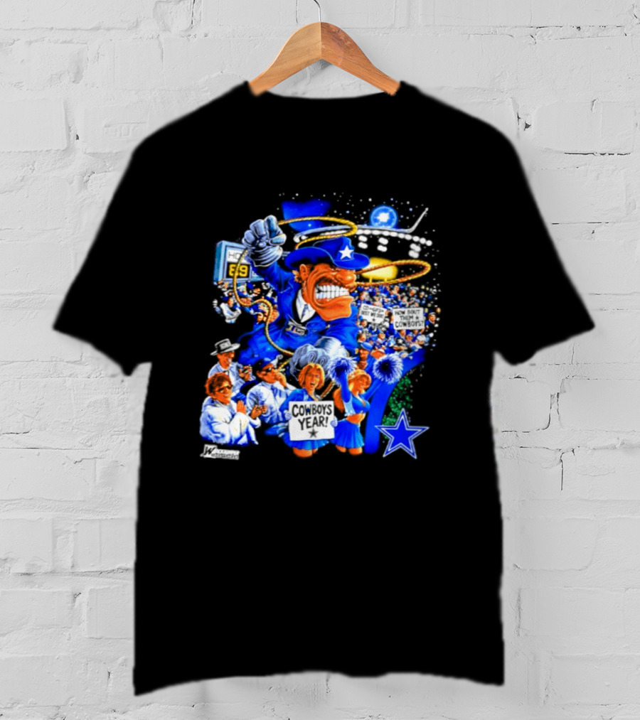 Dallas Cowboys Rowdy Mascot With Star And Cheerleaders Retro Cartoon T-Shirt