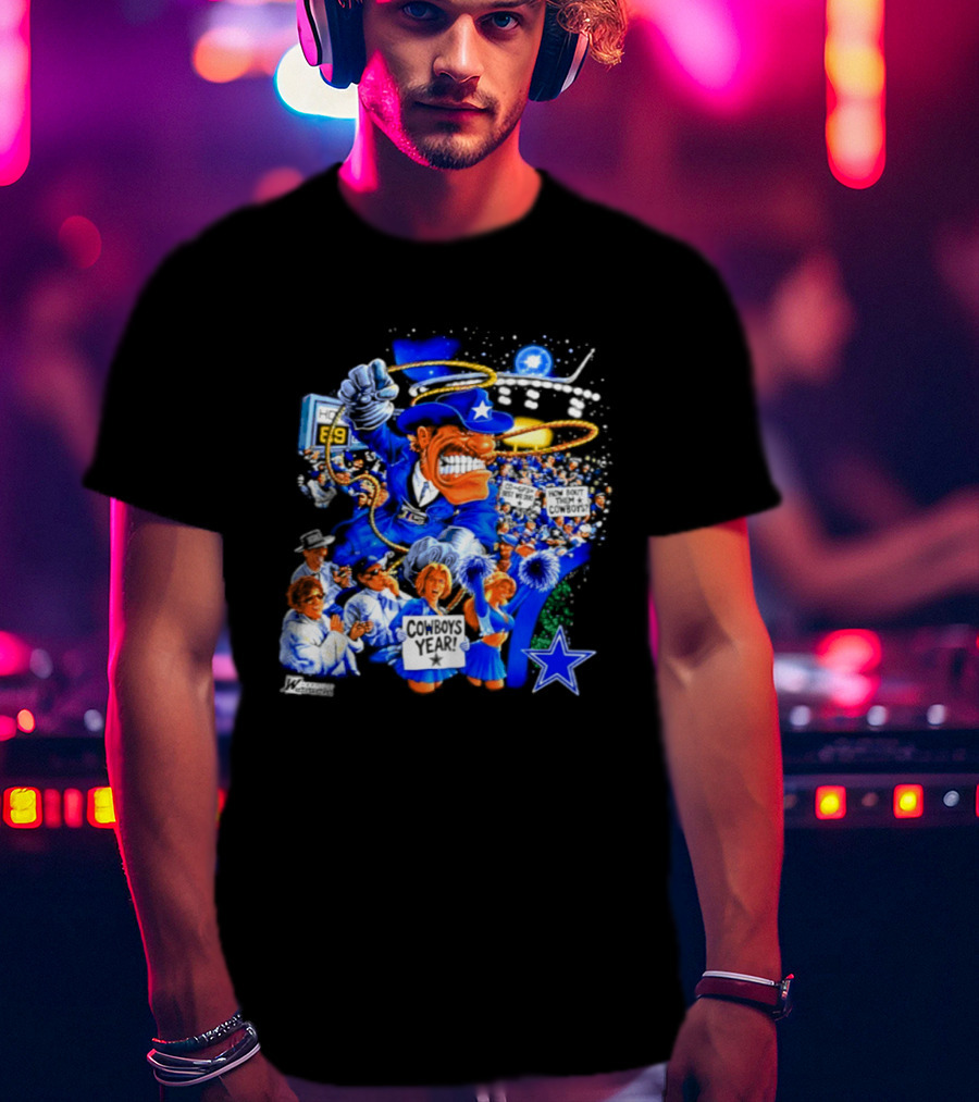 Dallas Cowboys Rowdy Mascot With Star And Cheerleaders Retro Cartoon T-Shirt