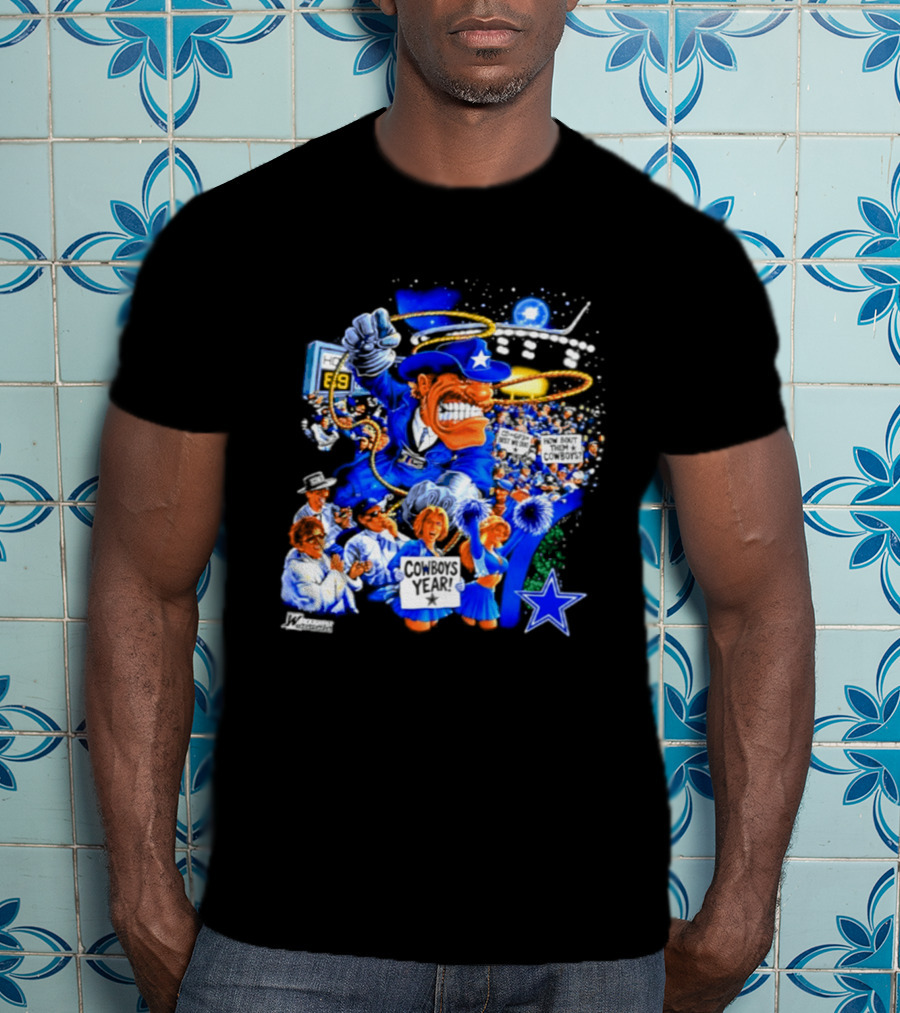 Dallas Cowboys Rowdy Mascot With Star And Cheerleaders Retro Cartoon T-Shirt