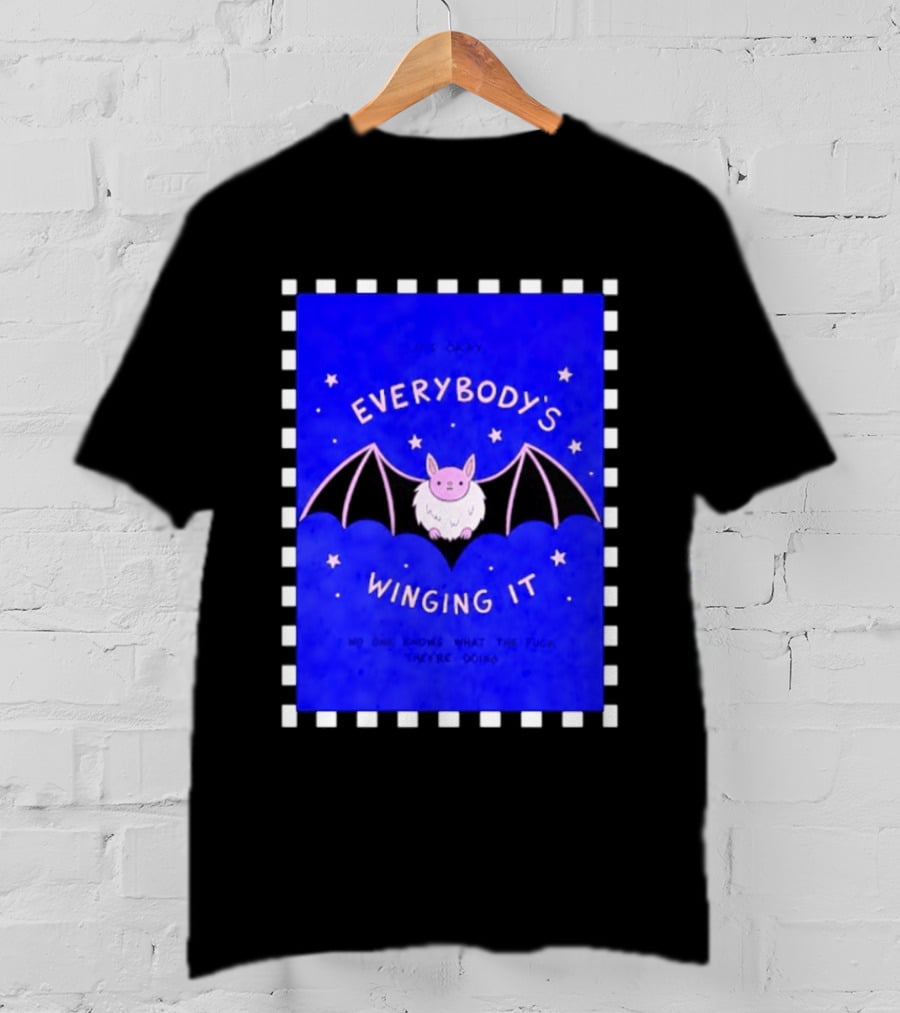 It's Okay Everybody's Winging It No One Knows What They're Doing Pink Bat With Stars T-Shirt