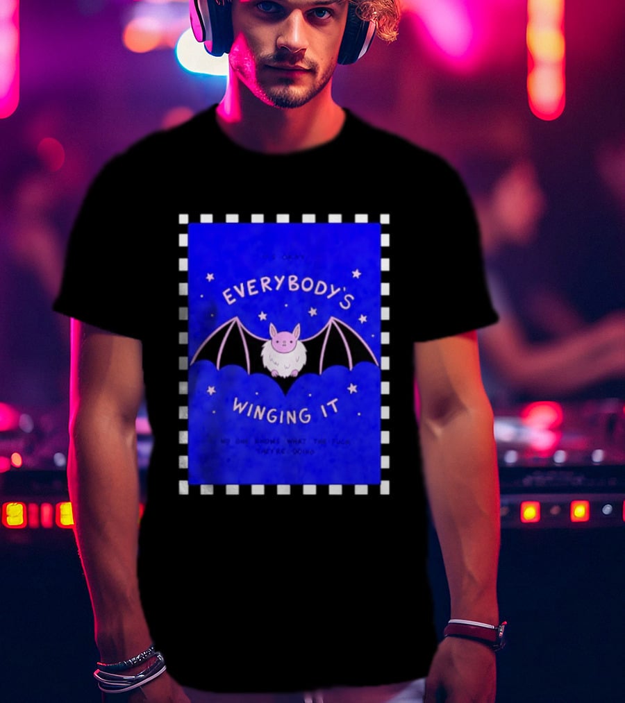 It's Okay Everybody's Winging It No One Knows What They're Doing Pink Bat With Stars T-Shirt