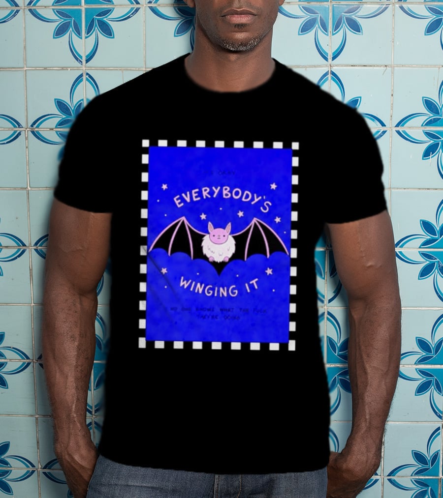 It's Okay Everybody's Winging It No One Knows What They're Doing Pink Bat With Stars T-Shirt