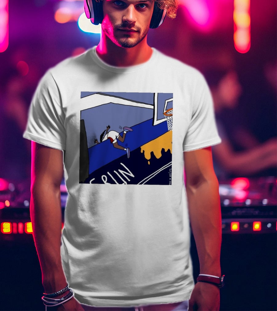 Basketball Player Diving Off Court Cartoon NBA Fan Art By Reuben Armstrong T-Shirt