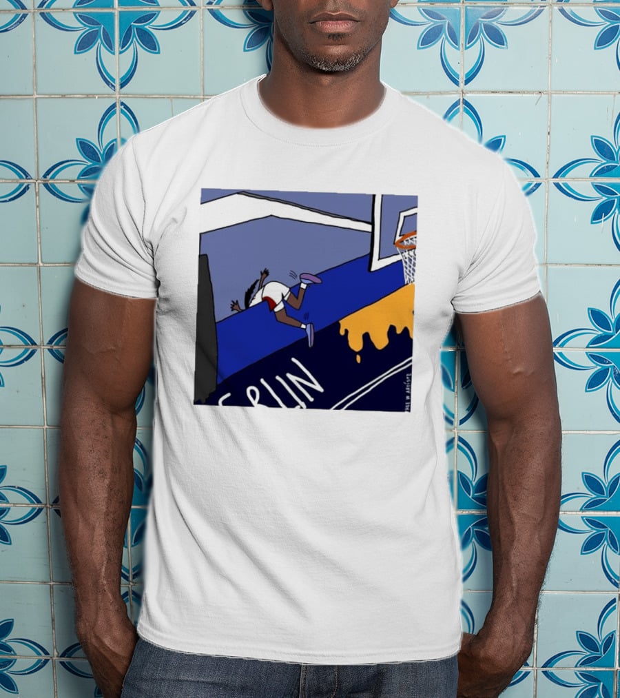 Basketball Player Diving Off Court Cartoon NBA Fan Art By Reuben Armstrong T-Shirt
