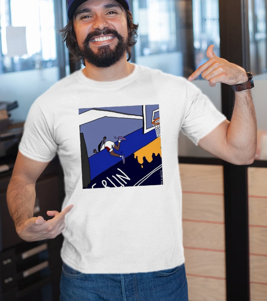 Basketball Player Diving Off Court Cartoon NBA Fan Art By Reuben Armstrong T-Shirt