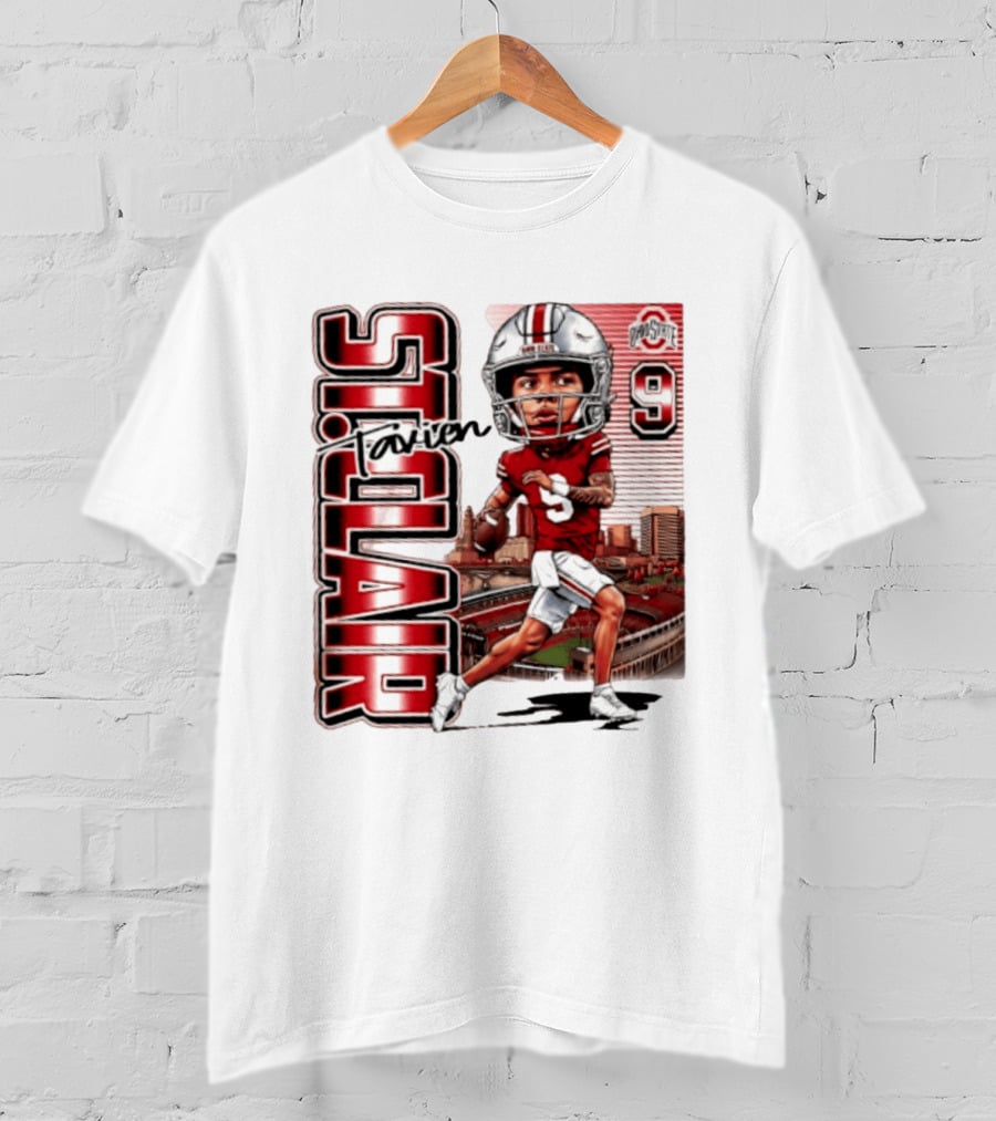 Tavien St. Clair 9 Ohio State Buckeyes Player Caricature With Ohio Stadium T-Shirt
