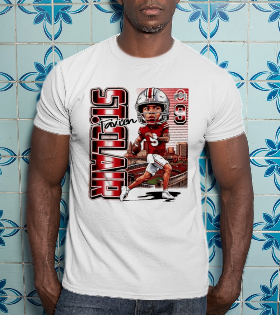 Tavien St. Clair 9 Ohio State Buckeyes Player Caricature With Ohio Stadium T-Shirt