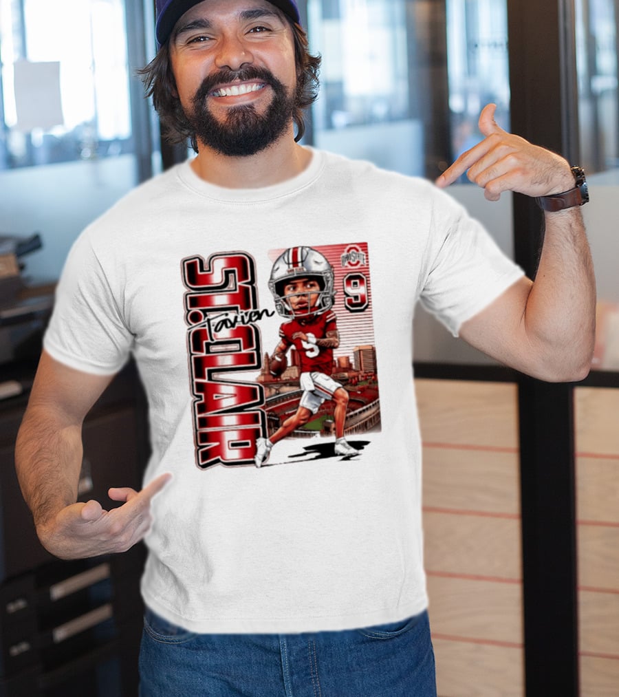 Tavien St. Clair 9 Ohio State Buckeyes Player Caricature With Ohio Stadium T-Shirt