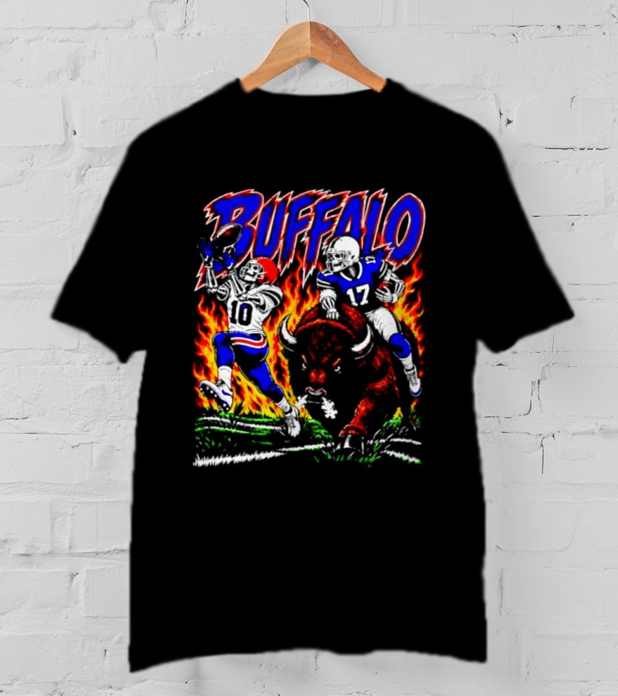 Buffalo Bills Flaming Skeleton Football Players Number 10 And 17 T-Shirt
