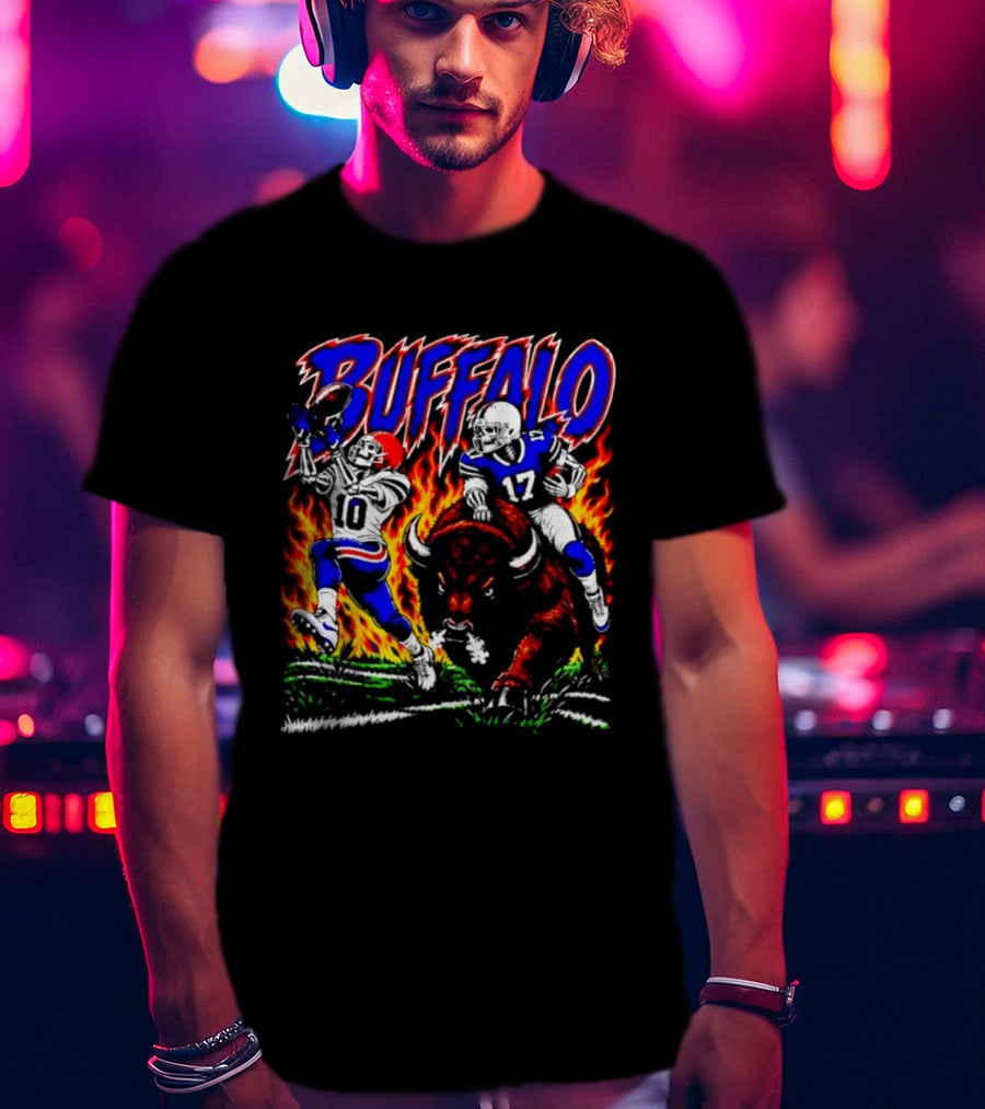 Buffalo Bills Flaming Skeleton Football Players Number 10 And 17 T-Shirt