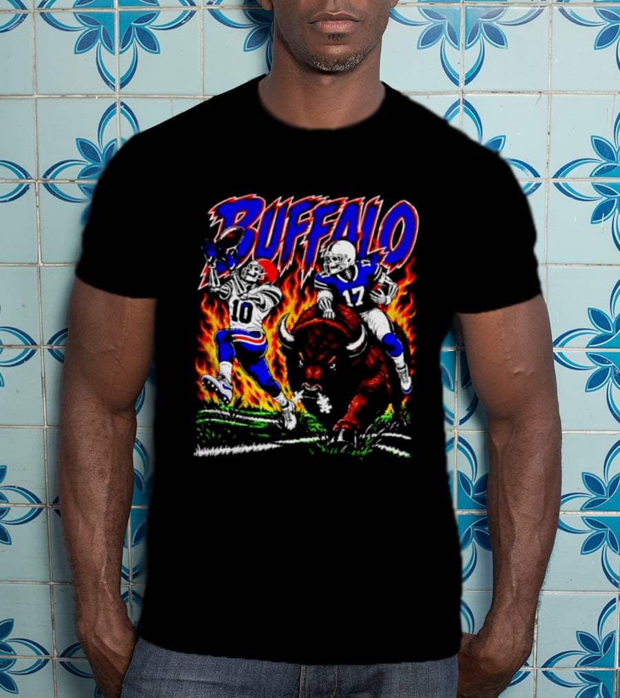 Buffalo Bills Flaming Skeleton Football Players Number 10 And 17 T-Shirt