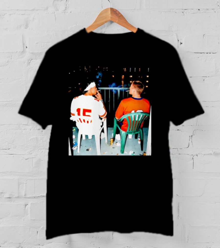 Patrick Mahomes Kansas City Chiefs And Bo Nix Denver Broncos Smoking Behind Skyline T-Shirt
