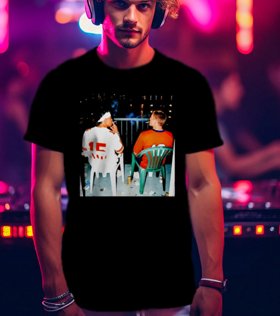 Patrick Mahomes Kansas City Chiefs And Bo Nix Denver Broncos Smoking Behind Skyline T-Shirt