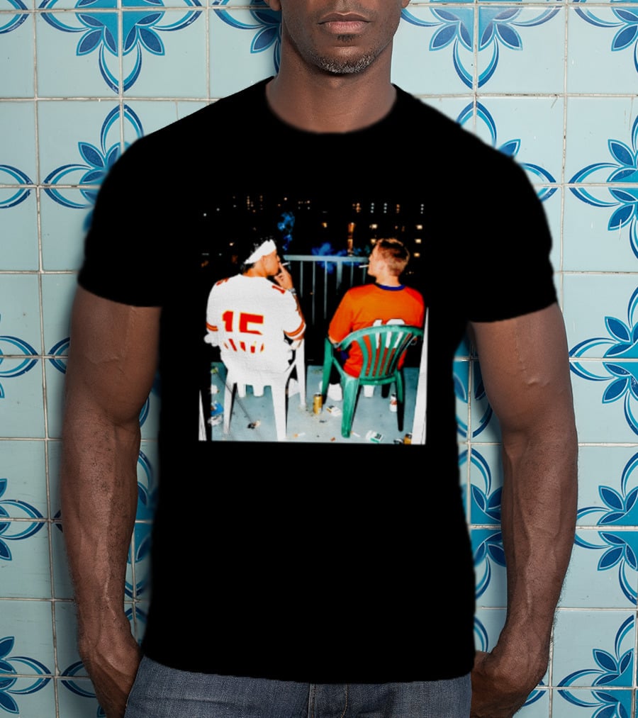 Patrick Mahomes Kansas City Chiefs And Bo Nix Denver Broncos Smoking Behind Skyline T-Shirt