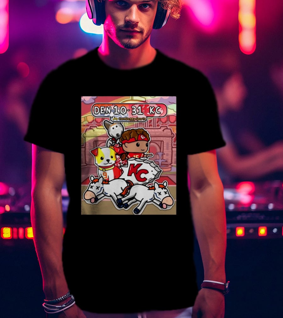 CornDoggy Sports DEN 10 31 KC Denver Broncos Vs Kansas City Chiefs Cartoon Characters And Dogs With Football T-Shirt
