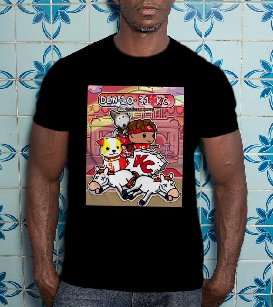 CornDoggy Sports DEN 10 31 KC Denver Broncos Vs Kansas City Chiefs Cartoon Characters And Dogs With Football T-Shirt