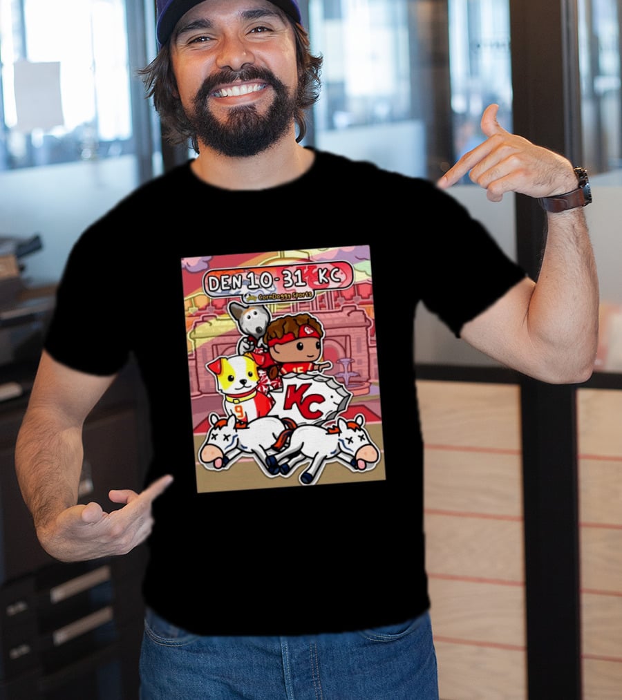 CornDoggy Sports DEN 10 31 KC Denver Broncos Vs Kansas City Chiefs Cartoon Characters And Dogs With Football T-Shirt