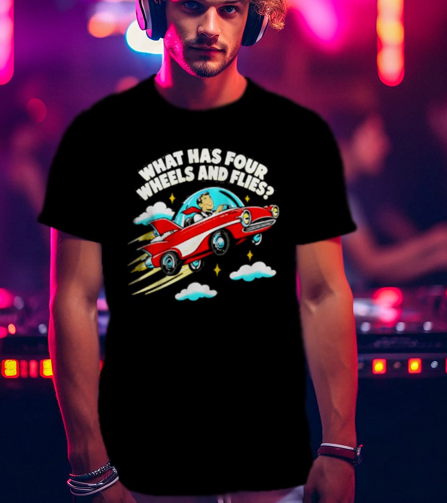 What Has Four Wheels And Flies Retro Flying Car With Clouds And Stars T-Shirt