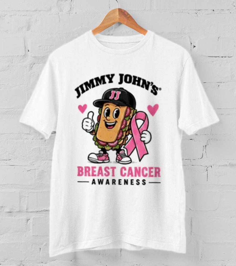 Jimmy John's Pink Ribbon Breast Cancer Awareness Sandwich JJ Hat Hearts T-Shirt
