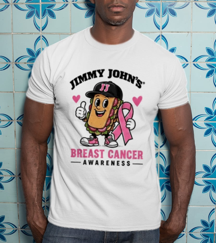 Jimmy John's Pink Ribbon Breast Cancer Awareness Sandwich JJ Hat Hearts T-Shirt