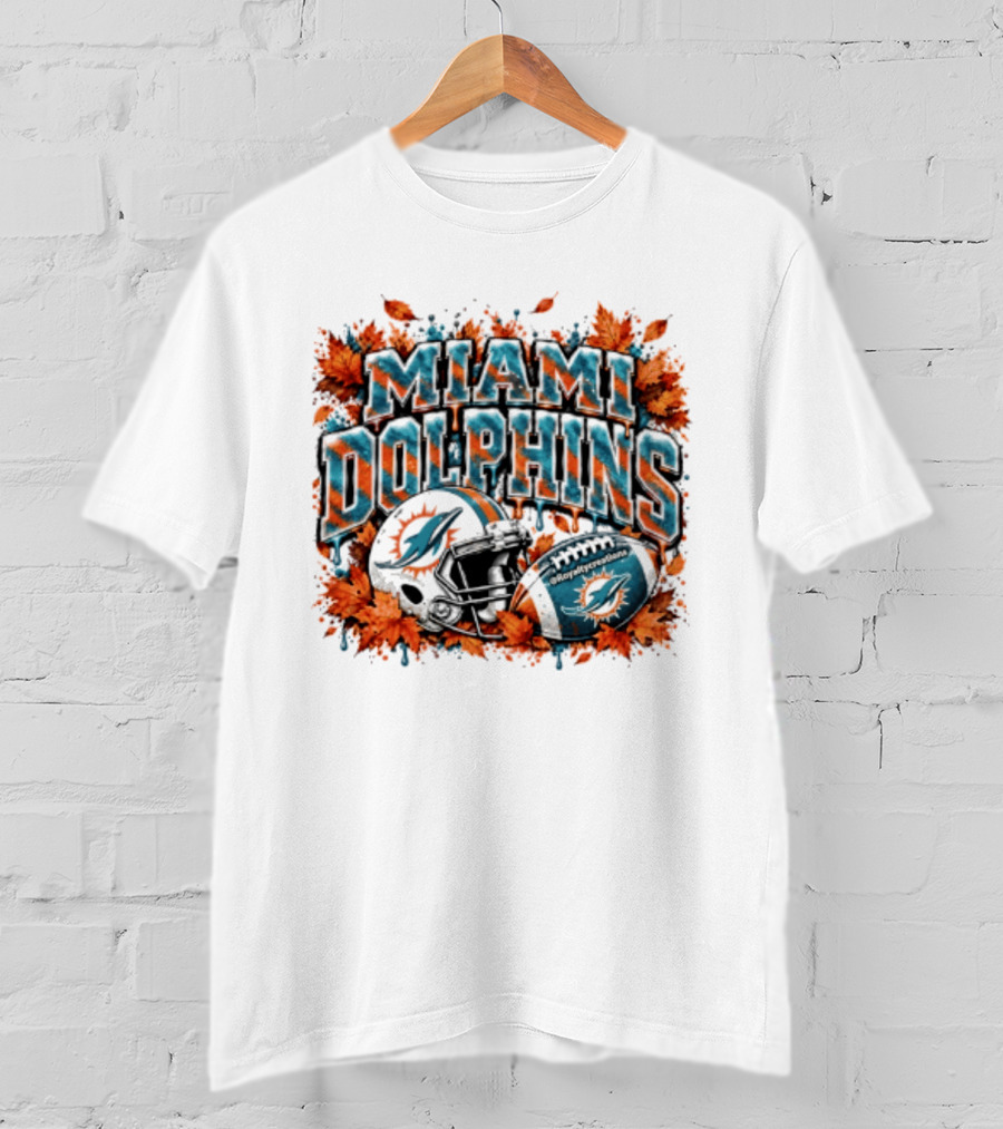 Miami Dolphins Football Helmet Autumn Leaves Halloween 2026 T-Shirt