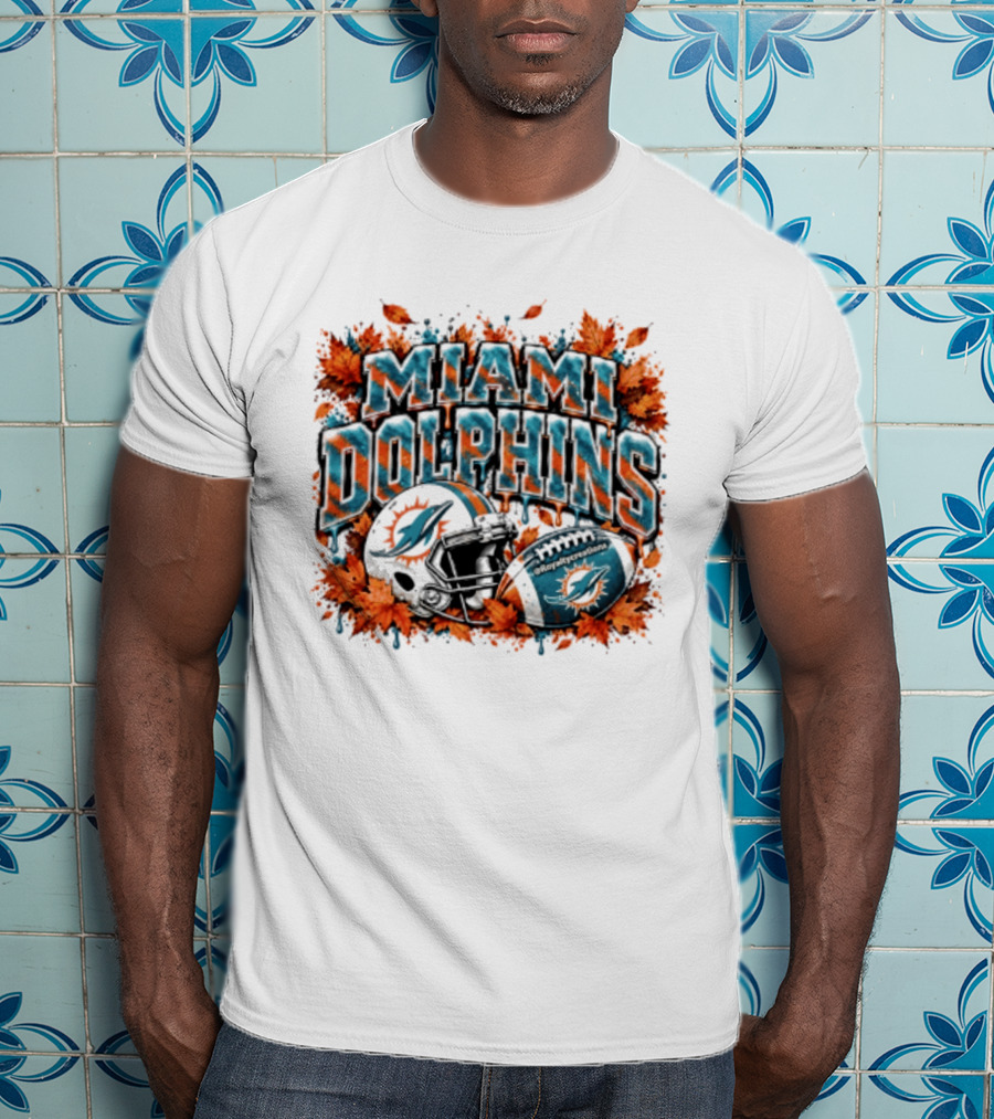 Miami Dolphins Football Helmet Autumn Leaves Halloween 2026 T-Shirt