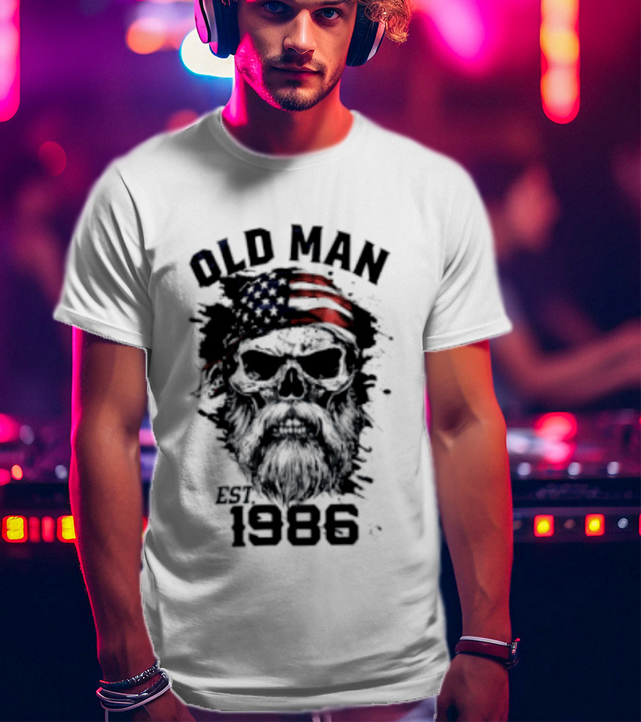 Old Man Est 1986 Skull American Flag Bandana T-Shirt