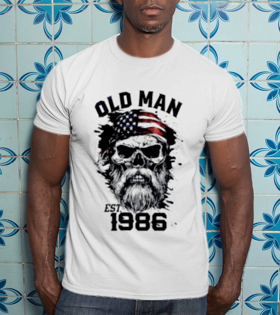 Old Man Est 1986 Skull American Flag Bandana T-Shirt