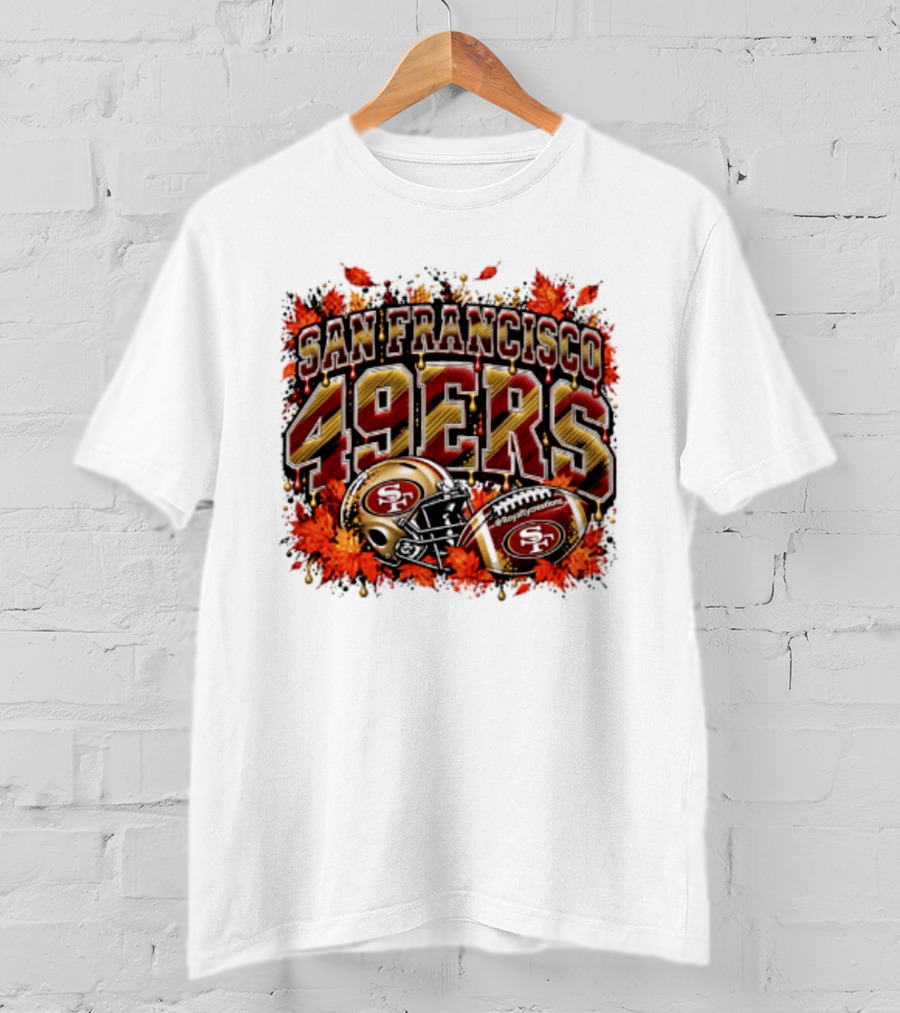 San Francisco 49ers Helmet And Football Autumn Leaves 2026 T-Shirt