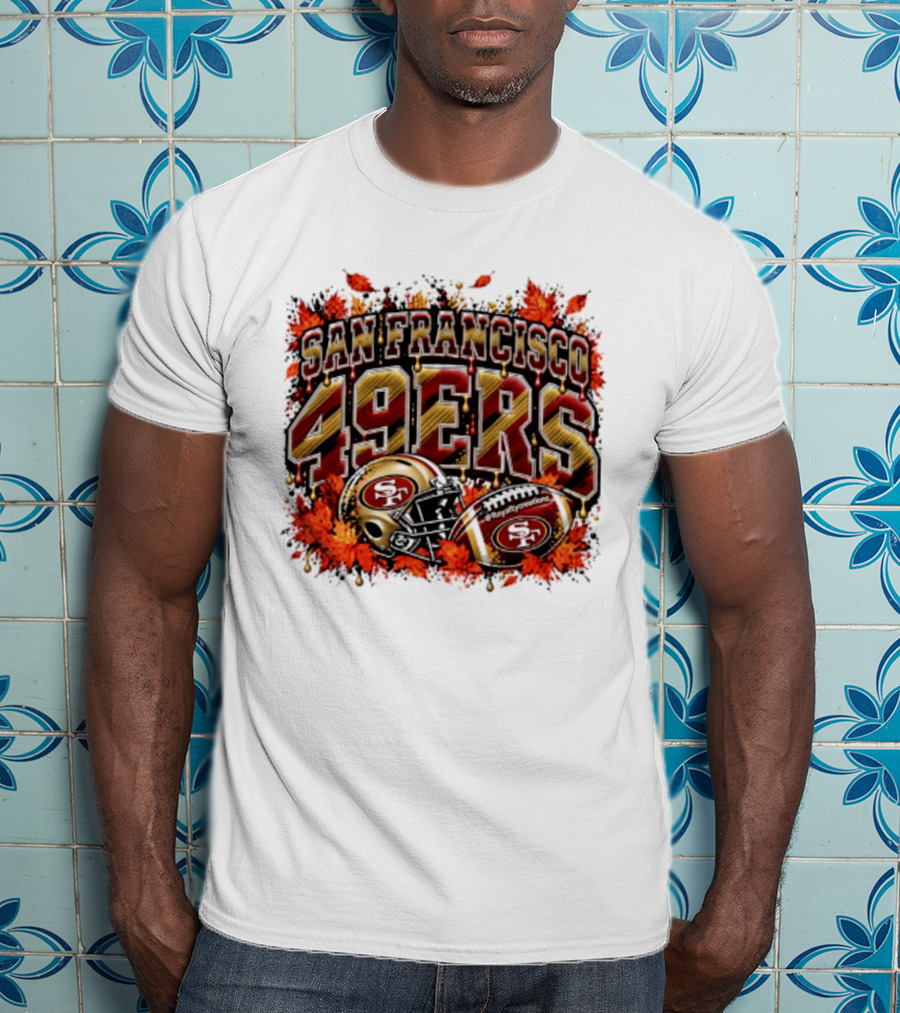 San Francisco 49ers Helmet And Football Autumn Leaves 2026 T-Shirt