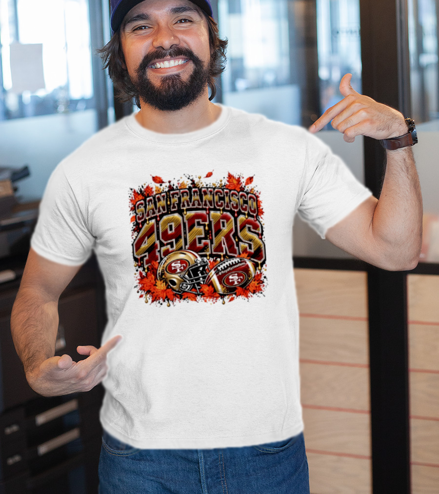 San Francisco 49ers Helmet And Football Autumn Leaves 2026 T-Shirt