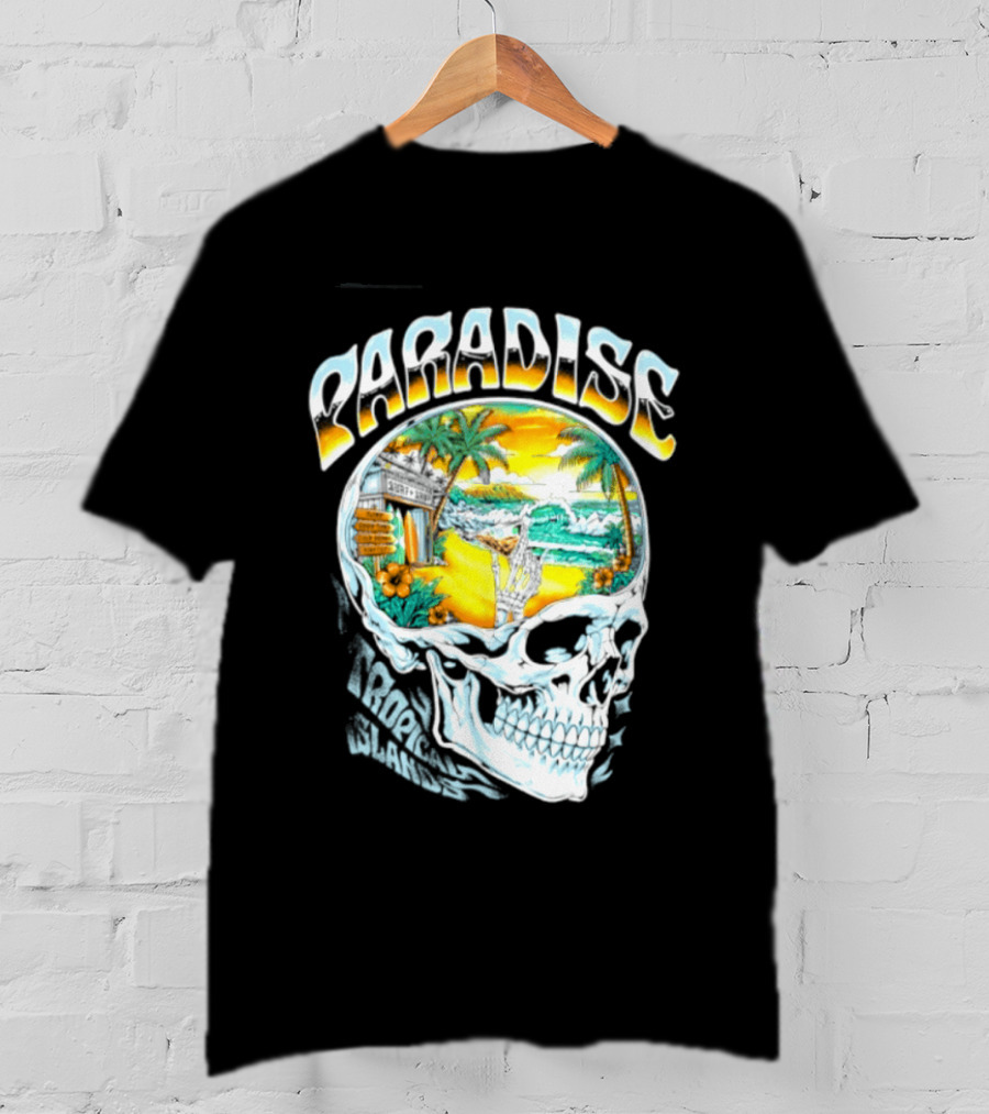 Paradise Tropical Island Skull Surf Shop Beach Scene T-Shirt