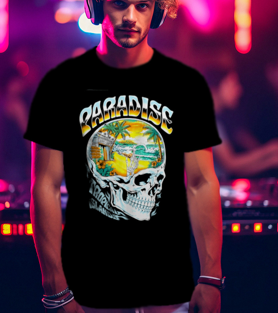 Paradise Tropical Island Skull Surf Shop Beach Scene T-Shirt